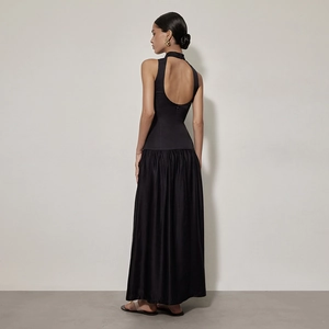 Robe Maxi Sexy en Satin pour Femmes Dos Nu avec Encolure Halter Sans Manches Coupe Ajustée pour Soirée et Fête