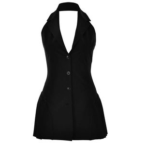 Black halter neck vest dress with lapel collar and side pleated detail in a slim fit style