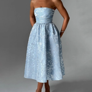 Women Strapless Jacquard Midi Dress Sexy Backless Lace Up A Line Banquet Party Elegant Floral Textured Dress