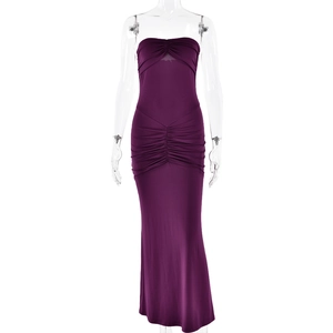 Deep purple off-shoulder bodycon maxi dress with ruched details and floor-length hem