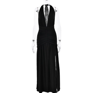 Elegant black halter neck V-neck maxi dress with ruched waist and side slit details