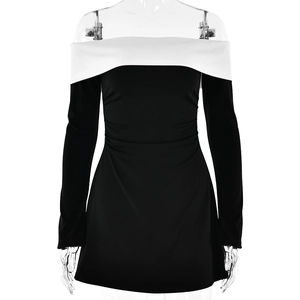 Off-the-shoulder long sleeve mini dress featuring a black and white colorblock design