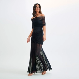 Elegant black strapless fishtail dress with mesh detail and slim fit mermaid silhouette