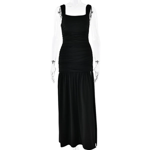 Elegant black square neck ruched maxi dress with high side slit for women
