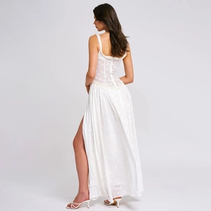 Elegant white square neck corset maxi dress with lace detailing and high side slit for women