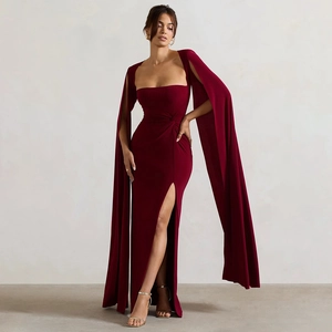 Women Sexy Square Neck Floor Length Maxi Dress Long Cape Sleeve High Slit Bodycon Evening Party Dress Solid Color