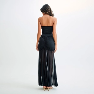 Slim fit backless tube maxi dress in black with elegant mesh splicing detail