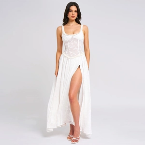 White corset long dress with square neck, lace embroidery, and high side slit