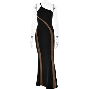 Sleek one-shoulder bodycon maxi dress in black and brown geometric patchwork