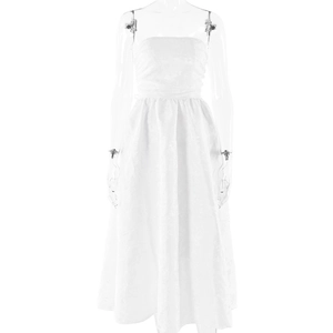 Elegant white strapless midi dress with intricate floral jacquard texture and flared hem