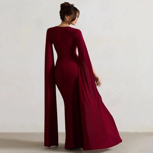 Elegant wine red square neck floor length evening dress with dramatic trailing sleeves