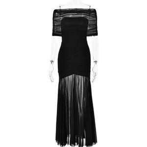 Chic black strapless maxi dress with ruffled mesh overlay and bodycon silhouette