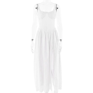 Elegant white square neck maxi dress with pleats and a high slit side detail