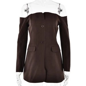 Robe moulante à manches longues et épaules dénudées en marron foncé avec boutons