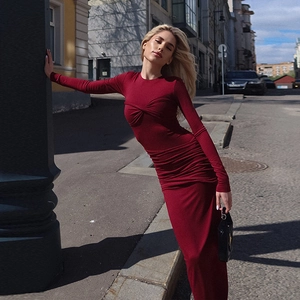 Robe Maxi Sexy à Manches Longues pour Femmes Coupe Slim Col Rond Bodycon Couleur Unie Robe de Soirée Extensible
