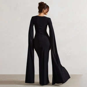 Elegant black floor-length dress featuring extra long flare sleeves and slim fit design