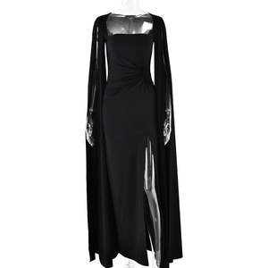 Elegant black floor-length dress with square neckline, cape sleeves, and side high slit