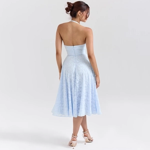 Elegant light blue halter neck backless midi dress with floral jacquard pattern
