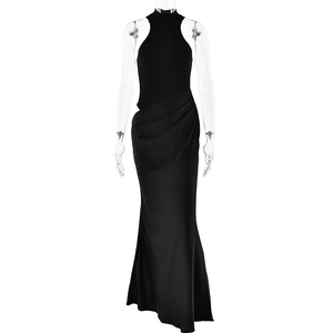 Chic black sleeveless crew neck maxi dress with waist cut-out and fishtail hemline