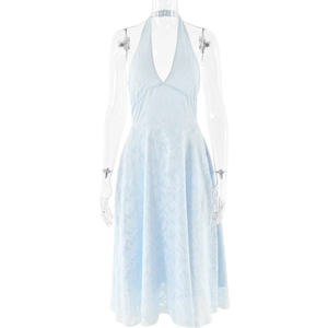 Elegant light blue halter neck midi dress with floral jacquard and deep V-neck design