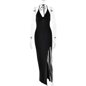 Elegant black halter neck maxi dress with deep V-neckline and high side slit detail