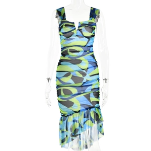 Women's V-neck bodycon midi dress with abstract swirl print and ruched mesh ruffles