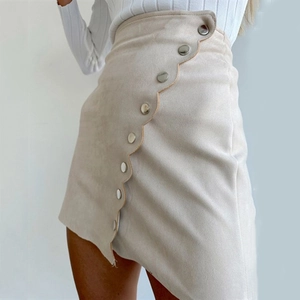 Fashionable beige suede high-waisted mini A-line skirt featuring side scalloped silver buttons