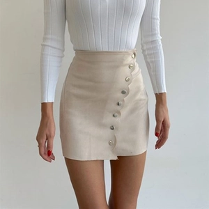 Sexy beige faux suede mini skirt with scallop edge and metal buttons for women