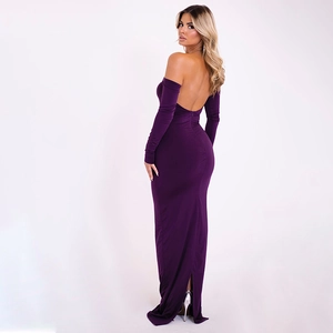 Detail of deep purple off-shoulder backless maxi dress with sleek slim-fit design