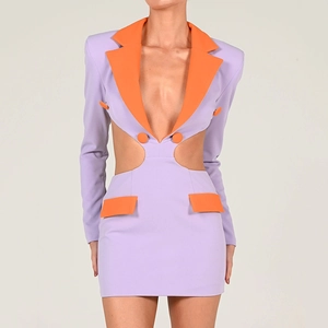Sexy Cut-out Backless Blazer Mini Dress Women Long Sleeve Patchwork Lapel Slim Fit Party Nightclub Clubwear Short Dress