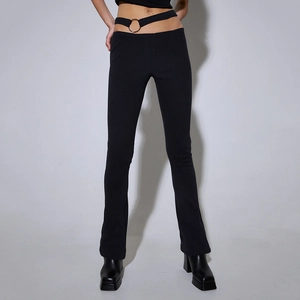 Detail of black ribbed flare leggings with low waist and metal ring belt buckle
