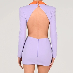 Back view of sexy backless long sleeve mini dress in lavender with orange contrast collar