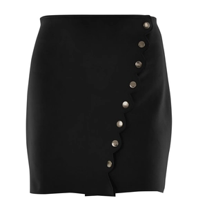 Women's black suede high waist mini skirt with wavy trim and silver buttons