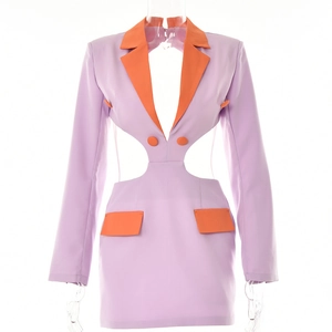 Modern color-block cutout blazer dress with lapel collar in purple and orange