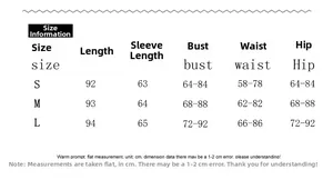 Detailed size chart for women's long sleeve bodysuit including length, bust, waist, and hips