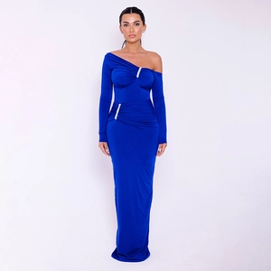 Detail showing royal blue one-shoulder dress with sparkling rhinestone accents and gathering