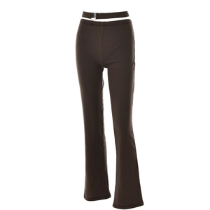 Detail of dark brown flared pants with waist cut-outs and silver metal ring decoration