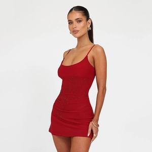 Sexy red bodycon mini dress with thin straps and floral rhinestone embellishments
