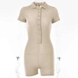 Sparkly champagne gold polo neck romper with single-breasted buttons and short sleeves