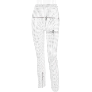Detail of high-waisted white mesh trousers with sparkling rhinestone embellishments