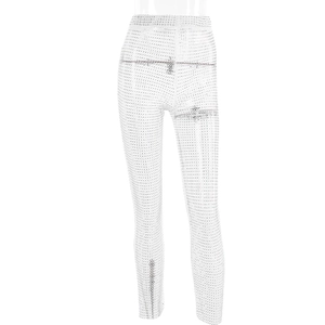 Detail view of high-waist sheer white trousers with silver rhinestones and ankle zippers
