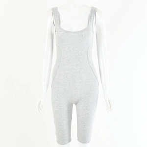 Close-up of light grey ribbed fabric texture on a slim-fit scoop neck bodysuit