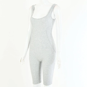 Detailed texture of gray ribbed knit bodysuit featuring a deep U-neckline and slim fit