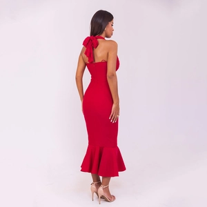Robe rouge élégante dos nu coupe sirène avec grand nœud pour soirées et fêtes