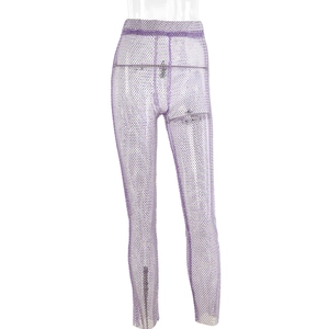 Detail of purple rhinestone fishnet leggings with high waist and sparkling crystal mesh