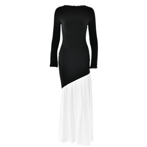 Elegant black and white long sleeve maxi dress with asymmetric patchwork and round neck