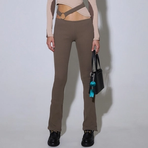 Women Sexy Cut-out Waist Flare Pants Metal Ring Ribbed Slim Fit Streetwear Polyester Solid Color Hip Lifting Long Trousers