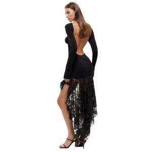Sexy backless long sleeve mini dress with slim fit ruching and lace trim in black