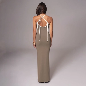 Elegant taupe slim fit maxi dress featuring a white crisscross backless lace-up design