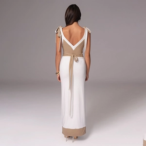 Women's backless maxi dress set in white and khaki with adjustable shoulder ties